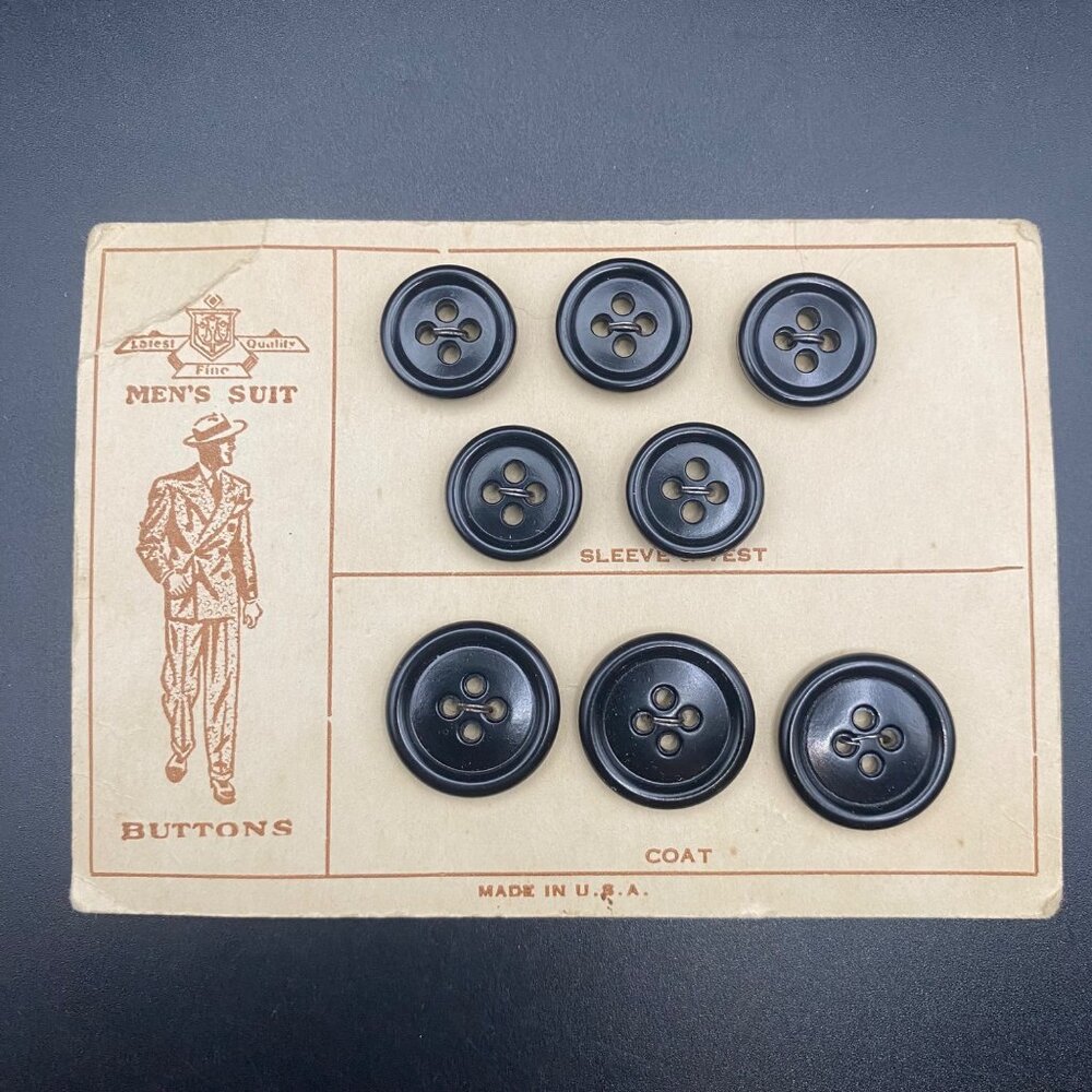 Vintage Mens Suit Buttons Original Card Made USA 8 Black 1940-1950s Plastic